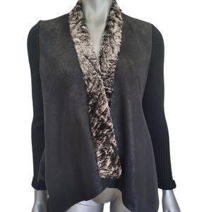 B16. Dolce Cabo Black and Tan Faux Fur Trim Sweater/Jacket - Size Medium